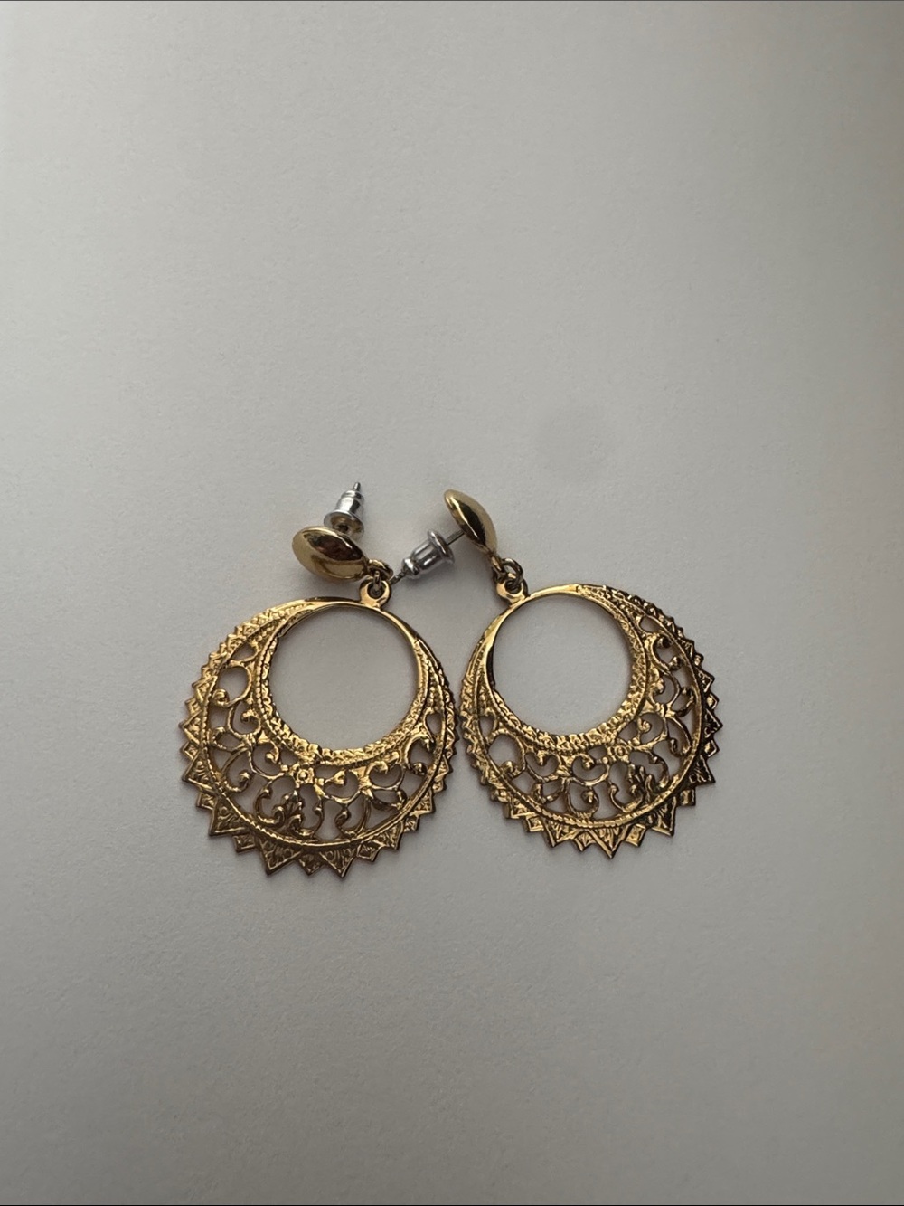 Gold Tone Filigree Hoop Dangle Earrings Boho Statement Drop Earrings